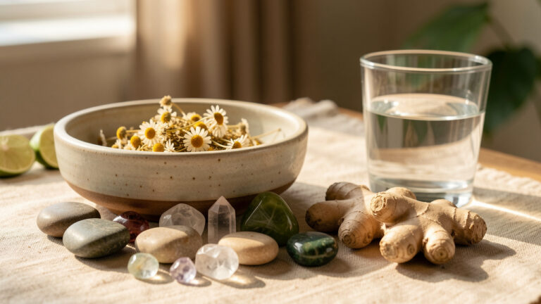 Nature morte composée de pierres lisses, de cristaux, de camomille, de gingembre frais et d’un verre d’eau dans une ambiance apaisante.