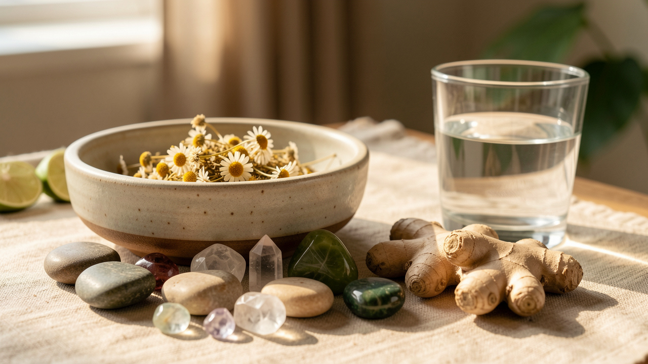 Nature morte composée de pierres lisses, de cristaux, de camomille, de gingembre frais et d’un verre d’eau dans une ambiance apaisante.