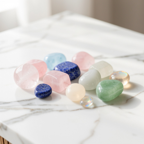 Composition élégante de quartz rose, lapis-lazuli, jade et opale disposés harmonieusement sur une surface en marbre, dans des tons pastel et une lumière douce.