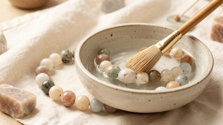 Bracelet composé de perles naturelles posé sur un linge ivoire, avec un bol d’eau claire et une brosse douce pour son nettoyage délicat.