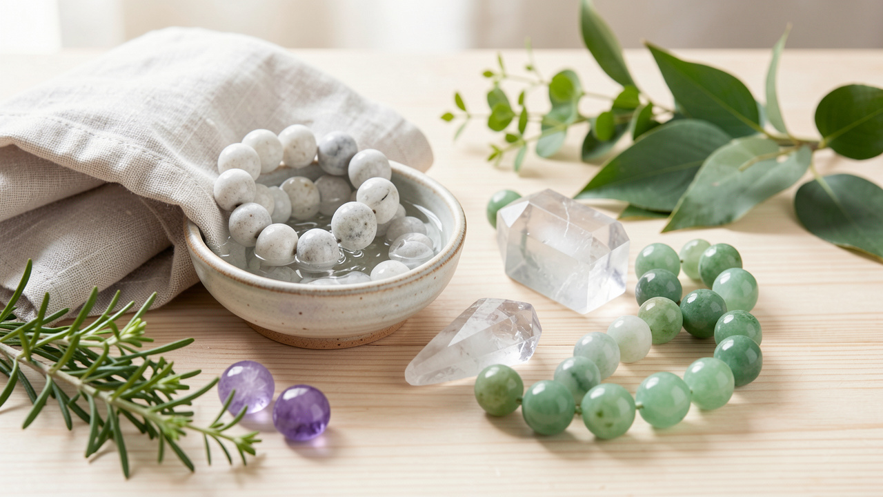 Perles de pierres naturelles nettoyées avec de l’eau claire et un linge en lin, dans une ambiance douce et apaisante.