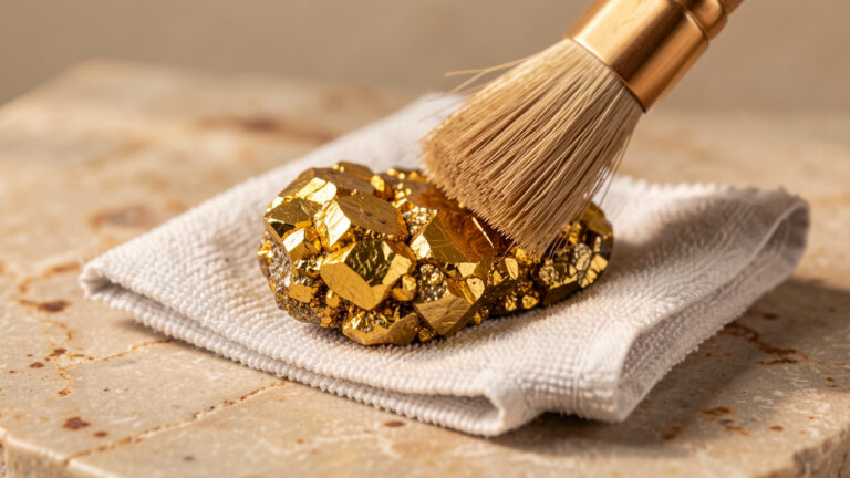 Spécimen de pyrite dorée entretenu délicatement avec une brosse douce et un chiffon en microfibre sur une surface minérale neutre.