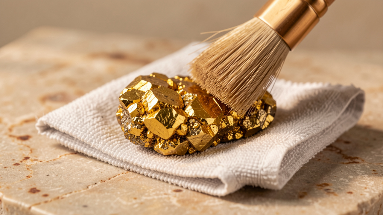 Spécimen de pyrite dorée entretenu délicatement avec une brosse douce et un chiffon en microfibre sur une surface minérale neutre.