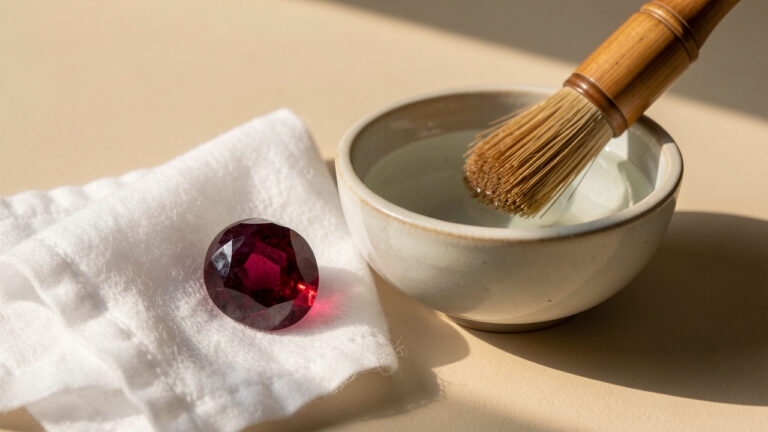 Rubis rouge poli posé sur un tissu blanc, près d’un bol d’eau claire et d’une petite brosse douce pour son entretien délicat.