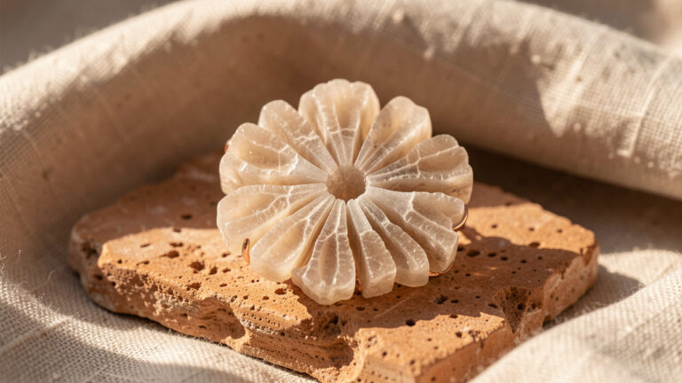 Cristal naturel de rose des sables accompagné d’un pendentif raffiné inspiré de sa forme en pétales, posé sur du grès chaud et du lin neutre.