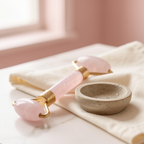 Rouleau facial en quartz rose posé sur un tissu en coton près d’une coupelle en pierre, dans une ambiance douce et minimaliste.