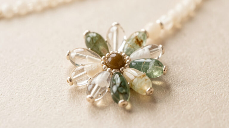 Motif de fleur réalisé avec des perles délicates et des pierres naturelles polies pour créer un bijou symbolique.