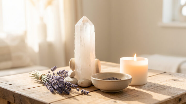 Tour de sélénite blanche lumineuse avec pierres lisses, lavande séchée et bougie sur une table en bois dans une ambiance bien-être apaisante.