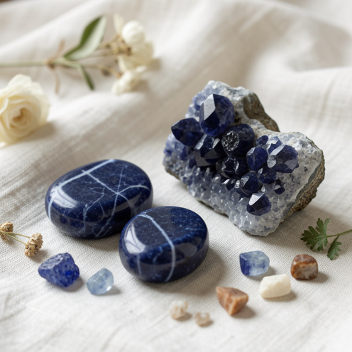Pierres de sodalite bleue polies et amas cristallin brut disposés sur un tissu de lin clair, avec des veines blanches et quelques fragments minéraux.