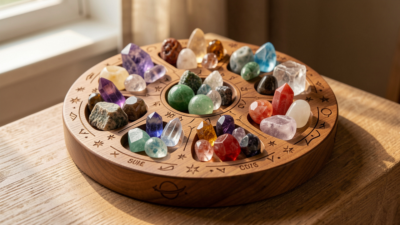 Support en bois présentant des minéraux polis soigneusement disposés dans une ambiance chaleureuse évoquant la lithothérapie et l’astrologie.