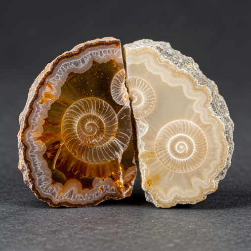 Tranche polie d’agate fossile contenant de nombreux fossiles de turitelles en spirale, présentée à côté d’un fragment brut aux teintes miel, ambrées et crème.