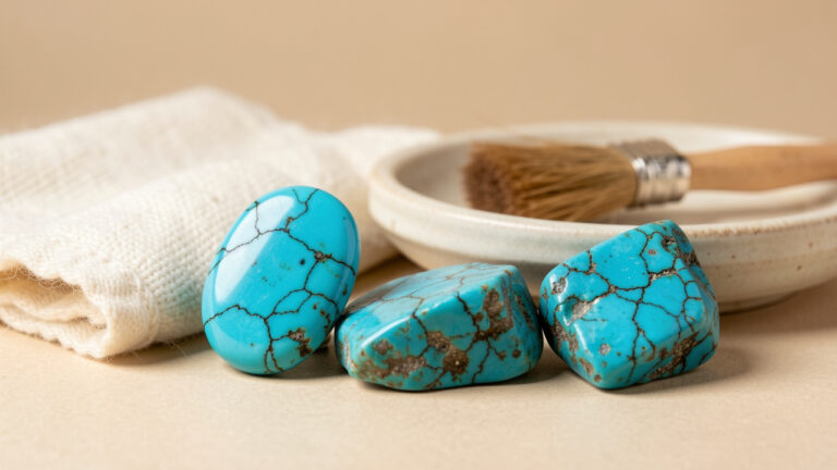 Pierres de turquoise naturelles et polies présentant différentes teintes bleu-vert, veinures et textures, accompagnées d’un chiffon doux et d’une petite brosse pour évoquer leur entretien.
