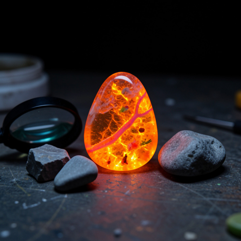 Pierre de yooperlite polie émettant une fluorescence orange vive sous une lumière ultraviolette, entourée de pierres grises et d’une loupe sur un établi sombre.